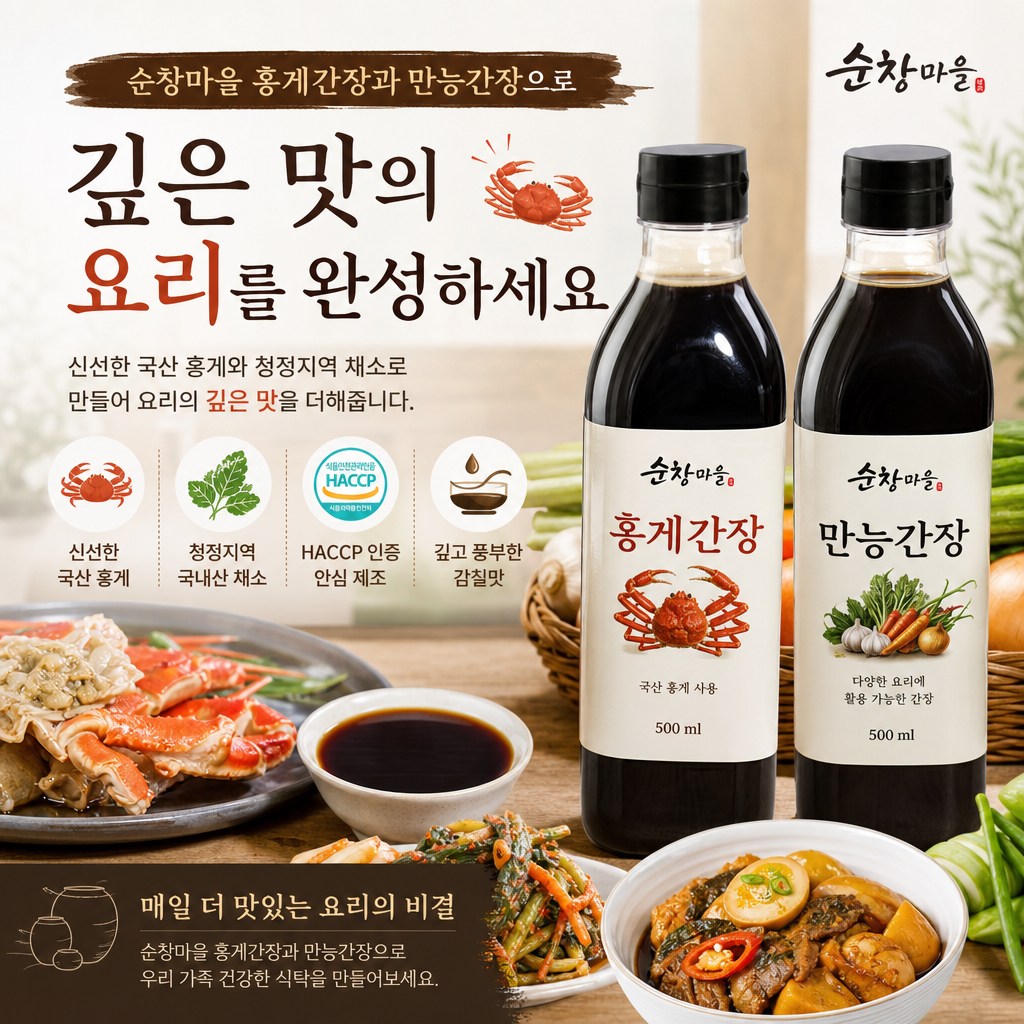 순창마을 홍게간장과 만능간장으로 깊은 맛의 요리를 완성하세요신선한 국산 홍게와 청정지역 채소로 만들어진 순창마을 홍게간장과 만능간장으로 요리의 깊은 맛을 더하세요. HACCP 인증 시설에서 안전하게 제조된 건강한 간장을 만나보세요.

# 굿셀러원
